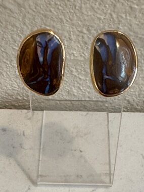Gold-Edged Brown and Blue Boulder Opal Oval Stud Earrings